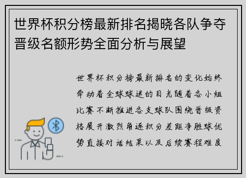 世界杯积分榜最新排名揭晓各队争夺晋级名额形势全面分析与展望 世界杯积分榜最新排名揭晓各队争夺晋级名额形势全面分析与展望