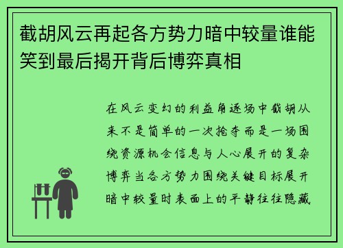 截胡风云再起各方势力暗中较量谁能笑到最后揭开背后博弈真相 截胡风云再起各方势力暗中较量谁能笑到最后揭开背后博弈真相